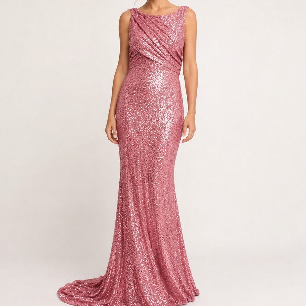 Badgley Mischka Women 10 Maxi Dress Rose Gold Sequin Prom Formal Evening Gown
